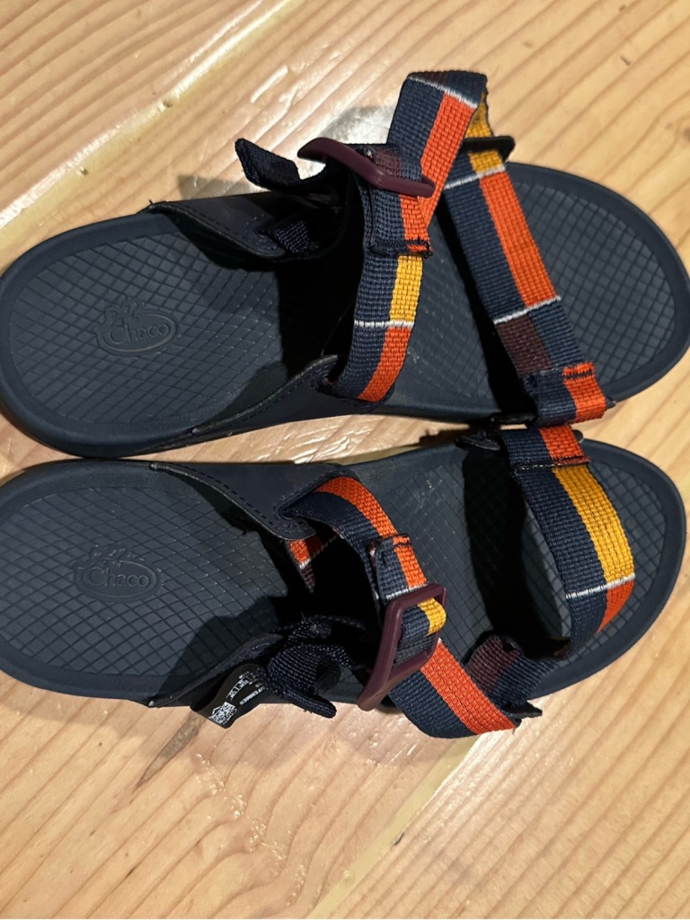 Chaco Navy Sandals with Orange & Yellow Accent Straps